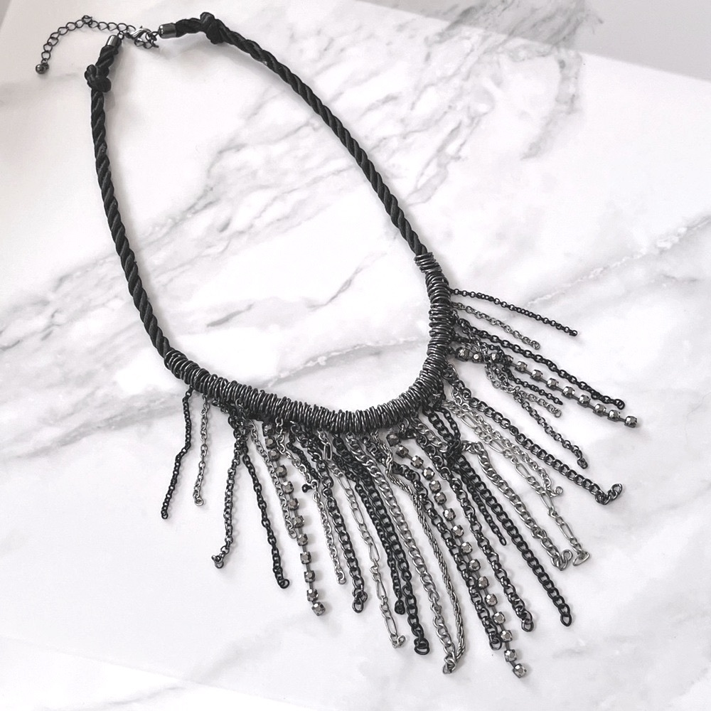 Vintage Fringe Bib Necklace Silver Rhinestone and Gunmetal Chain Necklace Tribal